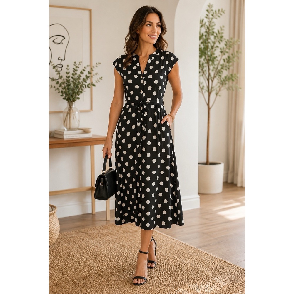 Anne Klein Women's Black White Polka Dot Midi Dress Size 10